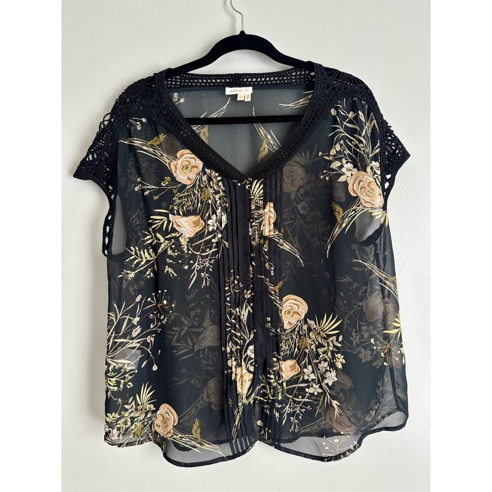 Meadow Rue Anthropologie Large Womens Blouse Black Sheer Floral Crochet Boho